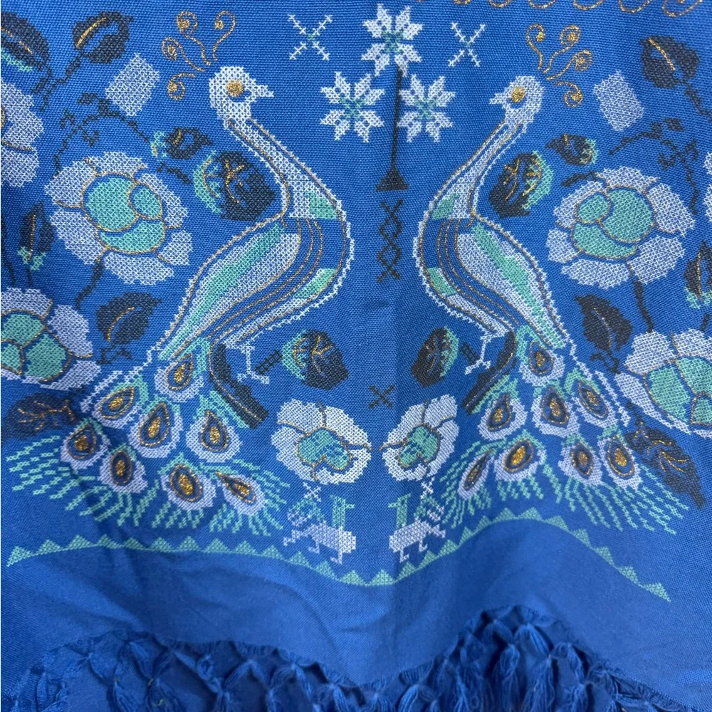 Vibrant Blue Table Runner‎ with Peacock Design